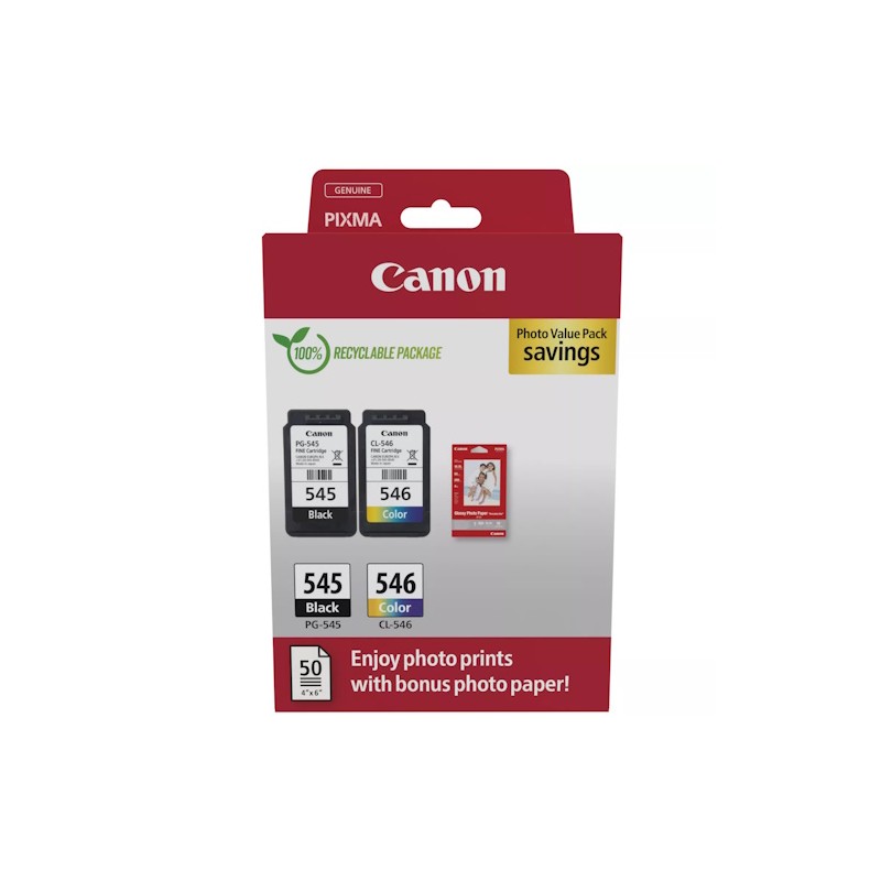 Canon PG-545/CL-546 Pack de 2 Cartouches d'Encre Originales + 50 Feuilles de Papier Photo - 8287B008 Canon PG-545/CL-546 Pack de 2 Cartouches d'Encre Originales + 50 Feuilles de Papier Photo - 8287B008