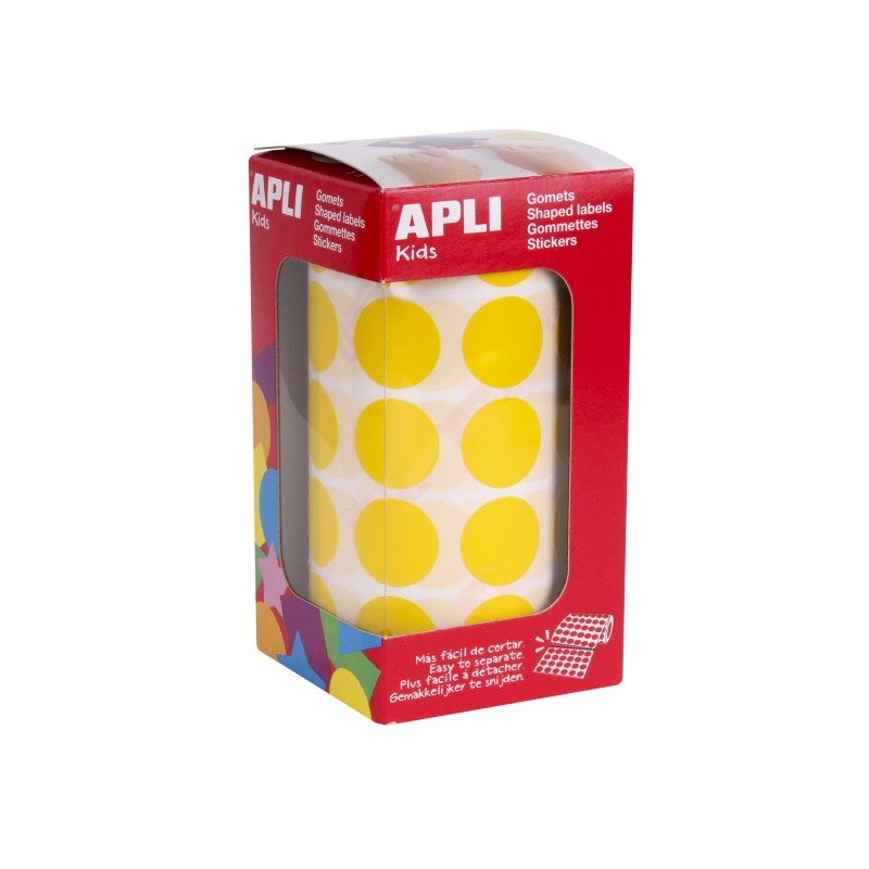 Rouleau de 1 770 autocollants ronds Apli Ø 20 mm - Adhésif permanent à base d'eau - Sans solvant - Couleur jaune
