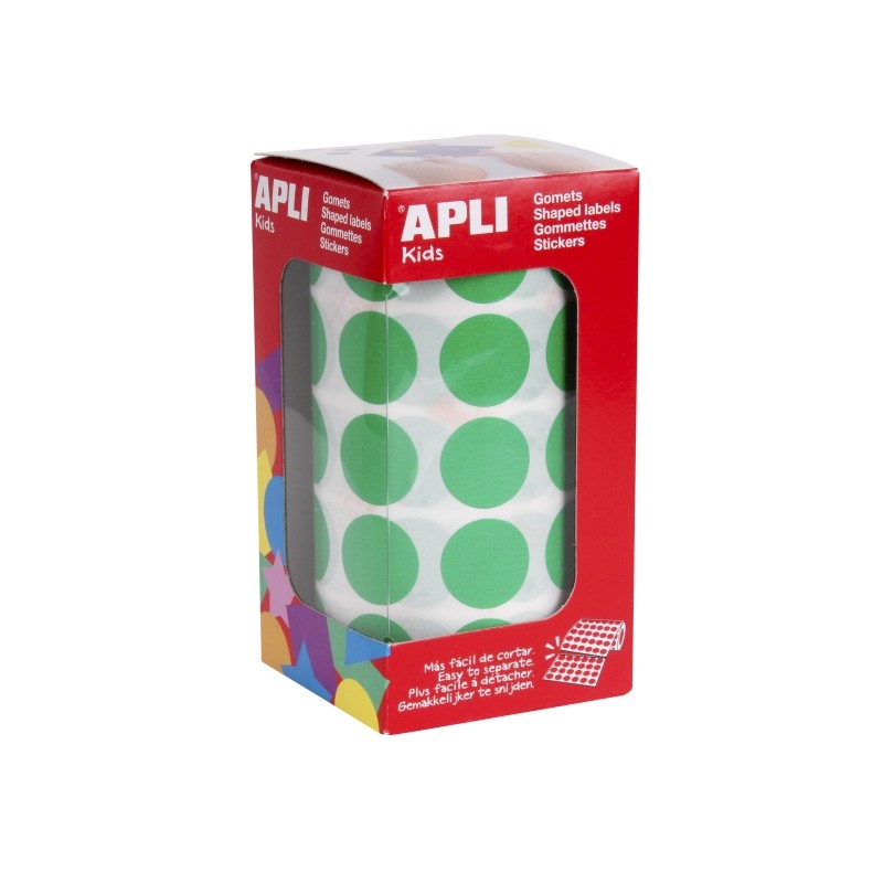 Rouleau de 1 770 autocollants ronds Apli Ø 20 mm - Adhésif permanent à base d'eau - Sans solvant - Couleur verte