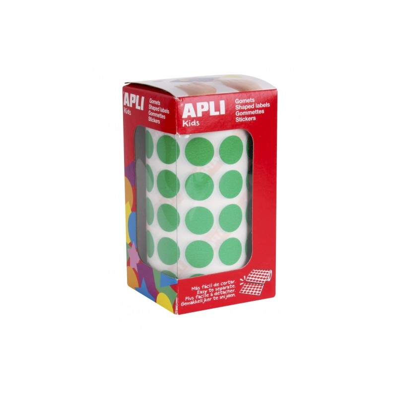 Apli Rouleau de Gomets Ronds Ø 15mm - Adhésif Permanent - 2 832 Gomets - Adhésif à Base d'Eau - Sans Solvant - Couleur Vert