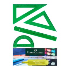 ✅ Pack scolaire Faber-Castell de 4 règles - Règle droite - Rapporteur - Équerre - Équerre - Couleur verte tr en stock