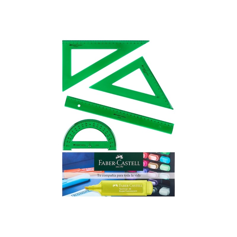 Pack scolaire Faber-Castell de 4 règles - Règle droite - Rapporteur - Équerre - Équerre - Couleur verte transparente