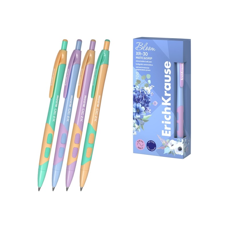 Stylo bille rétractable Erichkrause Bloom XR-30 - Bleu - Lot de 12