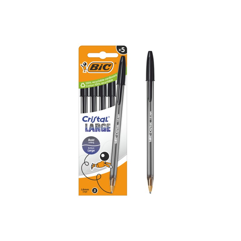 Stylos bille Bic Cristal noir 1,6 mm | Pack de 5