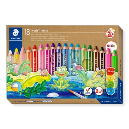 ✅ Crayons de couleur Staedtler Noris Junior, lot de 18, extra épais, taille-crayon et pinceau – 3 en 1, crayo en stock
