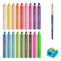 ✅ Crayons de couleur Staedtler Noris Junior, lot de 18, extra épais, taille-crayon et pinceau – 3 en 1, crayo en stock