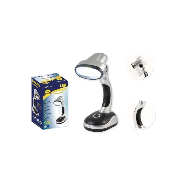 Lampe de table Jupiter COB-LED 40 lm - Peut également servir de lampe de poche - Fonctionne avec 3 piles AA - Argent/Noir