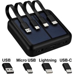 Batterie externe solaire Cegasa 4 en 1 5 000 mAh – Sorties USB-C, éclairage, USB-A et micro USB – Avec lampe torche – Noir