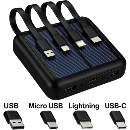 Batterie externe solaire Cegasa 4 en 1 5 000 mAh – Sorties USB-C, éclairage, USB-A et micro USB – Avec lampe torche – Noir