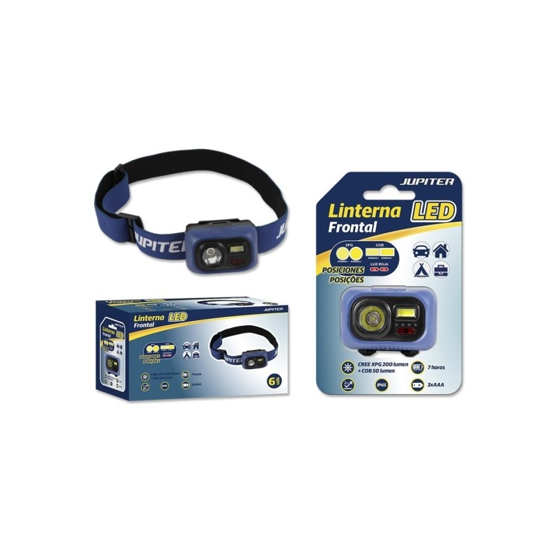 Lampe frontale LED Jupiter 200lm + COB 50lm - Résistance IP65 - Bandeau réglable - Fonctionne avec 3 piles AAA (non incluses)