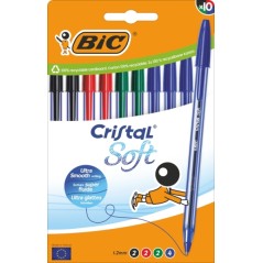 ✅ Lot de 10 stylos à bille Bic Cristal Soft - Pointe moyenne 1,2 mm - Course 0,45 mm - Écriture fluide - Coule en stock