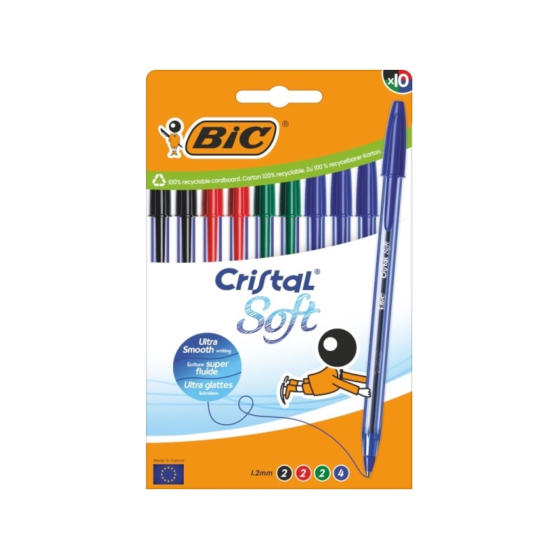 Stylos bille Bic Cristal Soft 1,2 mm - Lot de 10 - Couleurs