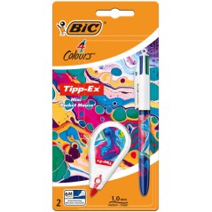 ✅ Bic 4 Couleurs Décors Hydro Pack de 1 Stylo Bille Rétractable + Correcteur Pocket Mouse 5 mm x 6 m - Pointe en stock