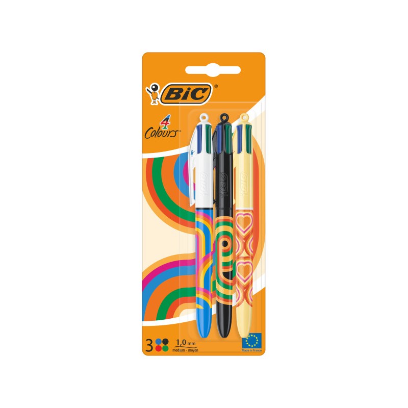 Stylos bille rétractables Bic 4 couleurs - Lot de 3 - Pointe 1,0 mm

