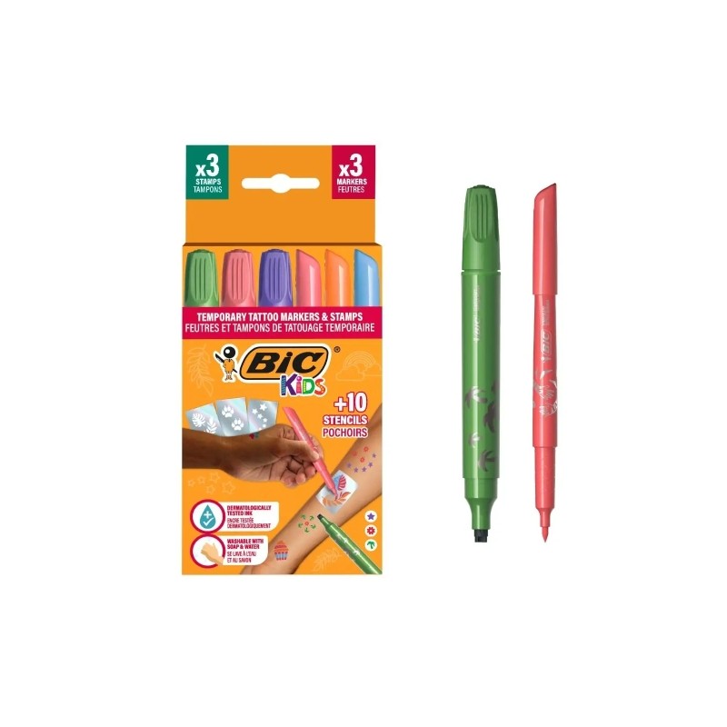 Tatouages temporaires enfants Bic Kids - 3 tampons, 3 marqueurs, 10 pochoirs

