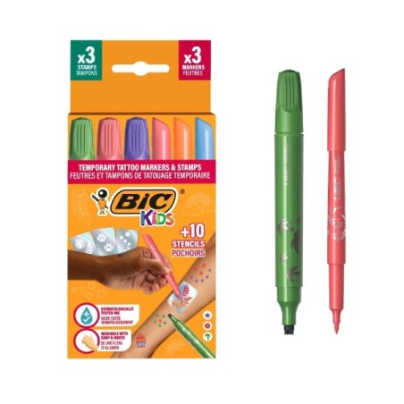 ✅ Pack de tatouages temporaires Bic Kids (3 tampons + 3 marqueurs + 10 pochoirs) - Encre testée dermatologiquem en stock