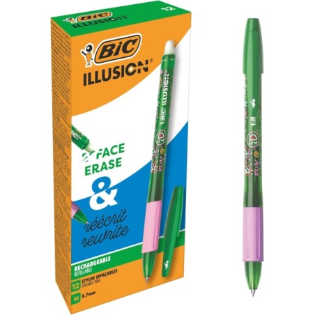 ✅ LOT de 12 Stylo effaçable Bic Illusions - Pointe moyenne 0,7 mm - Grip caoutchouc - Rechargeable - Vert coule en stock