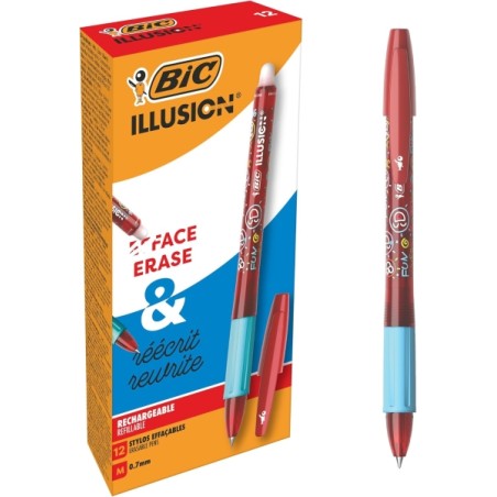 ✅ LOT de 12 Stylo effaçable Bic Illusions - Pointe moyenne 0,7 mm - Grip caoutchouc - Rechargeable - Rouge coul en stock
