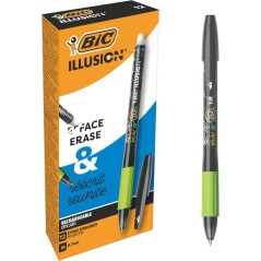 ✅ LOT de 12 Stylo effaçable Bic Illusions - Pointe moyenne 0,7 mm - Grip caoutchouc - Rechargeable - Noir coule en stock