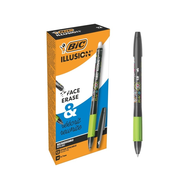 Stylo effaçable noir 0,7 mm Bic Illusions x12 - Rechargeable