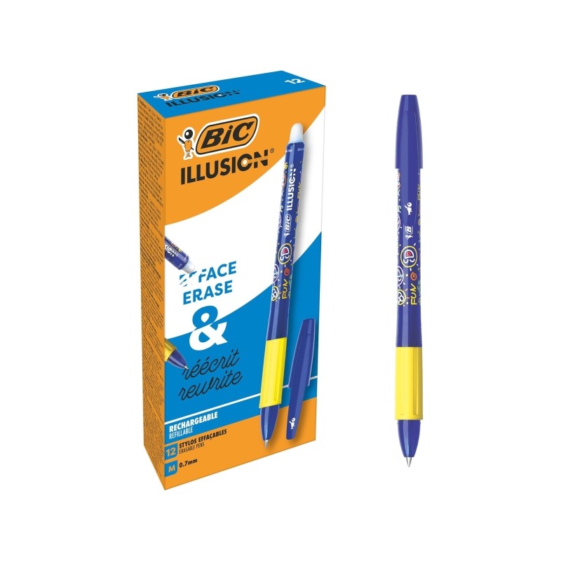 Stylo effaçable bleu 0,7 mm Bic Illusions x12 - Rechargeable