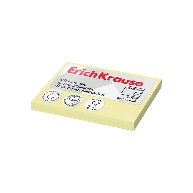 Bloc de 100 notes autocollantes ErichKrause 50 x 75 mm - Amovibles - Jaune clair