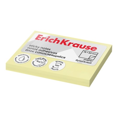 ✅ Bloc de 100 notes autocollantes ErichKrause 50 x 75 mm - Amovibles - Jaune clair couleur jaune en stock