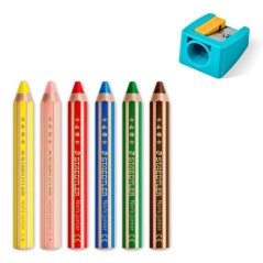 ✅ Crayons de couleur Staedtler Noris Junior, lot de 6, extra épais + taille-crayon – 3 en 1, crayon, cire et en stock