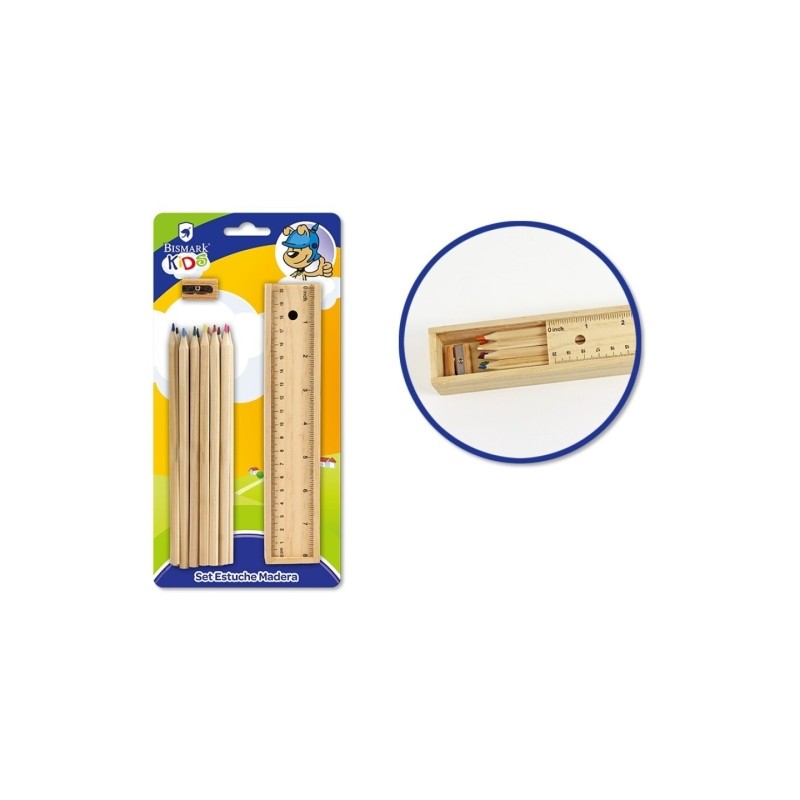 Coffret scolaire Bismark bois avec règle, 12 crayons, taille-crayon

