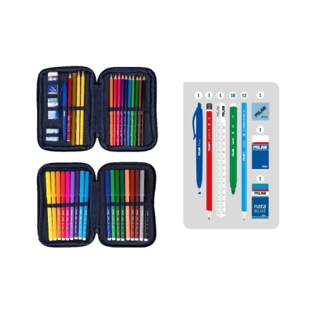 Trousse à crayons Milan Collection 430 à 2 niveaux avec 2 gommes, un taille-crayon, un crayon, un stylo à bille P1 Touch Blue