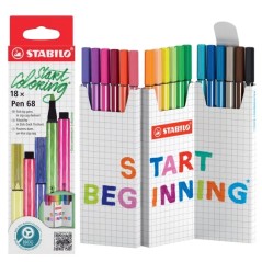 ✅ Stabilo Pen 68 Pack de 18 marqueurs à pointe fibre - Env. Ligne 1 mm - Encre à base d'eau - Couleurs assorti en stock