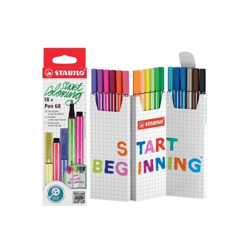 Marqueurs à pointe fibre Stabilo Pen 68 - 18 couleurs - 1 mm

