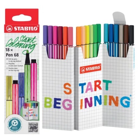 ✅ Stabilo Pen 68 Pack de 18 marqueurs à pointe fibre - Env. Ligne 1 mm - Encre à base d'eau - Couleurs assorti en stock