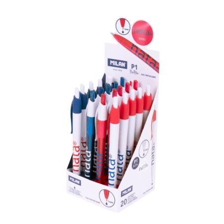 ✅ Milan P1 Nata® 624 Présentoir de 20 stylos à bille rétractables - Pointe ronde 1 mm - Encre bleue - Couleu en stock