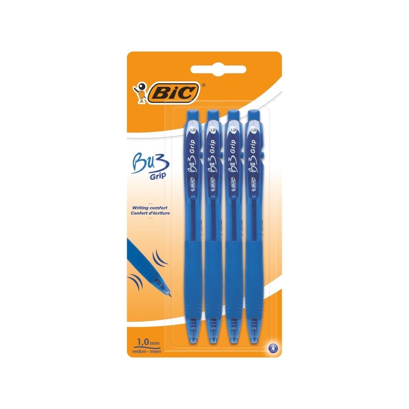 Stylos bille rétractables Bic Bu3 - Bleu - Lot de 4 - 1 mm