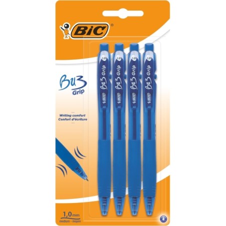 ✅ Lot de 4 stylos à bille rétractables Bic Bu3 - Pointe moyenne 1 mm - Course 0,32 mm - Grip caoutchouc - Écr en stock