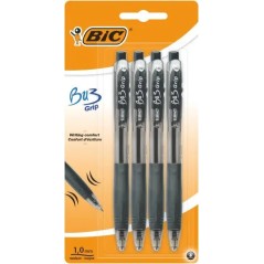 ✅ Lot de 4 stylos à bille rétractables Bic Bu3 - Pointe moyenne 1 mm - Course 0,32 mm - Grip caoutchouc - Écr en stock