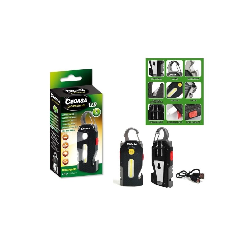 Lampe de poche de survie professionnelle Cegasa COB + 1 LED jusqu'à 400 lm - Autonomie jusqu'à 1,5 h - Batterie USB-C 300 mAh