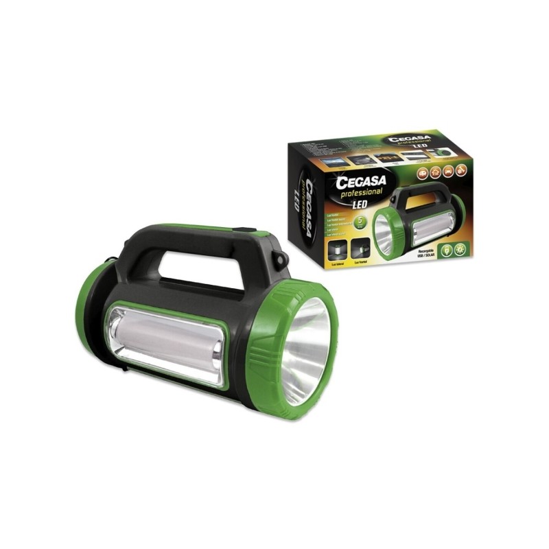 Lampe torche LED multifonction professionnelle Cegasa - 5 modes d'éclairage - Batterie 1800 mAh - Alimentation solaire et USB