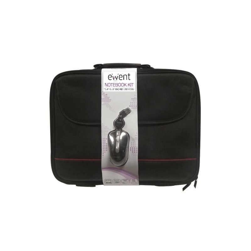 Sacoche Ewent pour ordinateur portable 15,6" - Souris optique USB incluse - Poignée - Sangle réglable - Polyester - Noir/Rouge