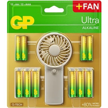 ✅ Pack de 12 piles alcalines GP Ultra AAA + 12 piles AA + ventilateur portatif offert couleur Plusieurs couleurs en stock