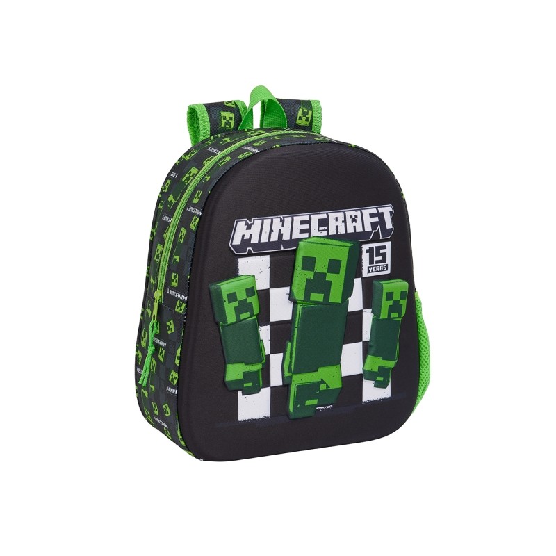 Sac à dos Safta Minecraft 3D - Dragonne - Porte-bouteille latéral - 27 x 33 x 10 cm - Noir/Vert
