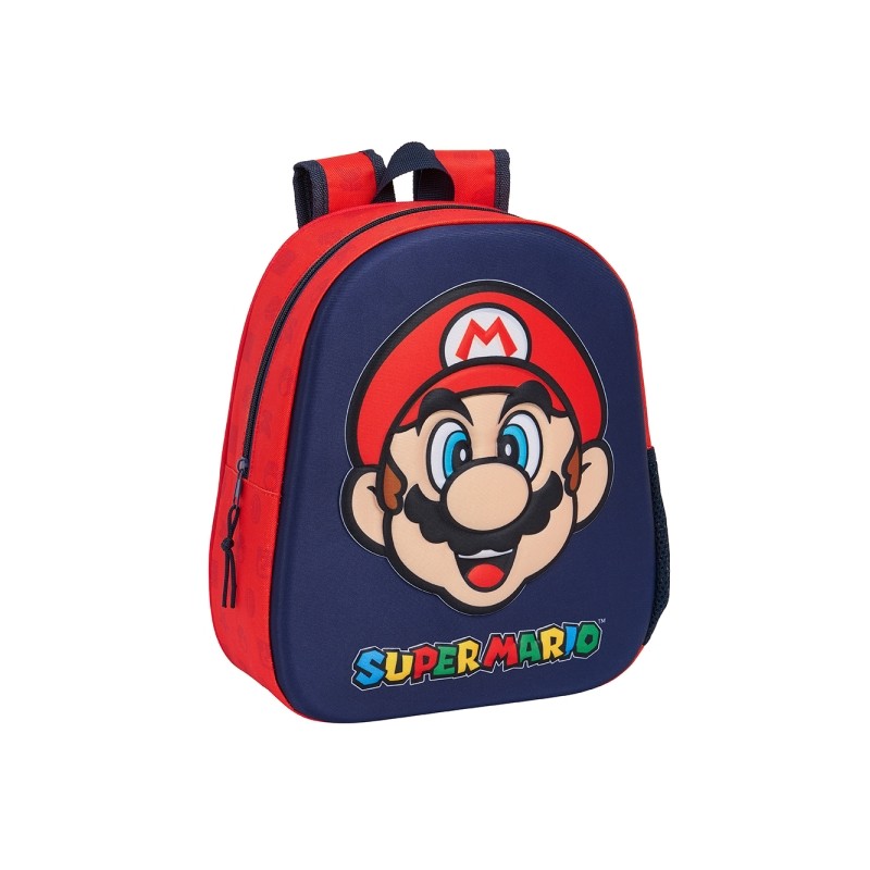 Sac à dos Safta Super Mario 3D - Dragonne - Porte-bouteille latéral - 27 x 33 x 10 cm - Rouge et bleu