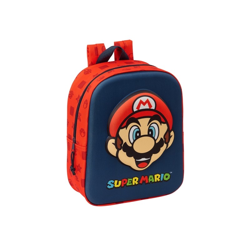 Sac à dos Safta Super Mario 3D pour maternelle - Poignée - Compartiment principal avec fermeture éclair - 22 x 27 x 10 cm