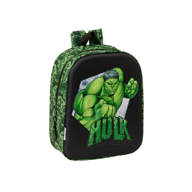 Sac à dos de maternelle Safta Hulk 3D - Dragonne - Compartiment principal zippé - 22 x 27 x 10 cm - Noir/Vert
