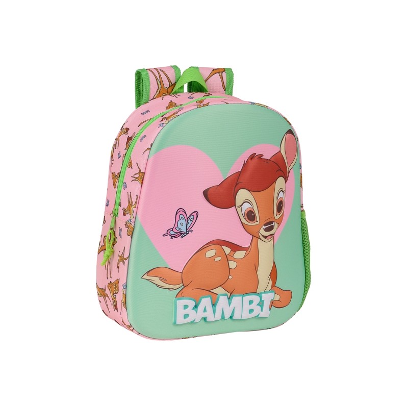 Sac à dos Safta Bambi 3D - Poignée - Porte-bouteille latéral - 27 x 33 x 10 cm - Vert pastel