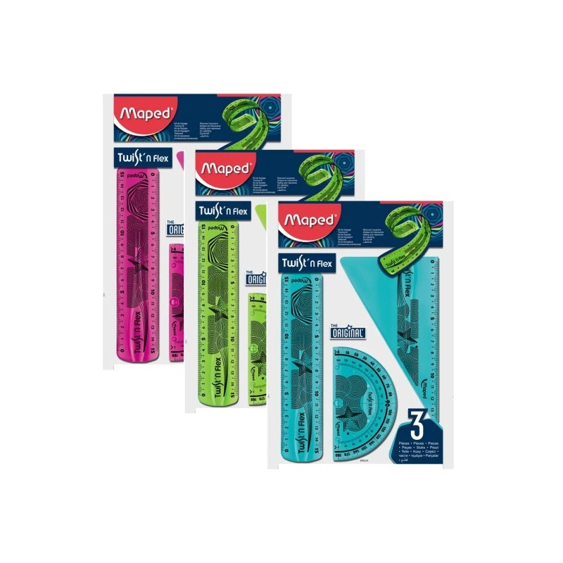 LOT de 10 Pack de règles flexibles Maped Twist'n Flex Original : règle de 15 cm, équerre de 60 °/15 cm, rapporteur de 180 °/10