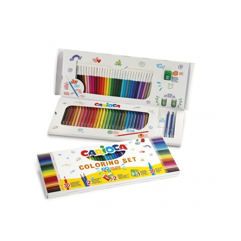 Carioca Joy Pack de 65 pièces de coloriage - 30 marqueurs super lavables - 30 crayons de couleur super résistants - 2 gommes