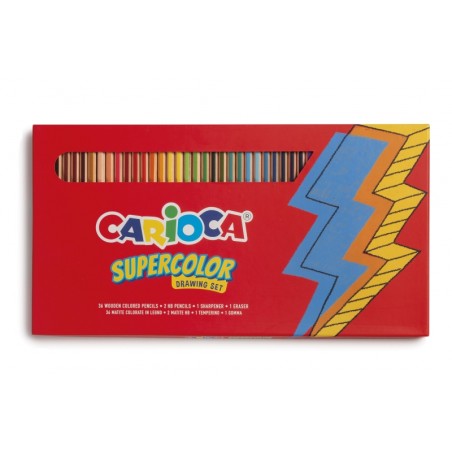 ✅ Carioca Lot de 40 pièces - 36 crayons de couleur Supercolor - Mine épaisse Ø 3,3 mm - 2 crayons graphite HB en stock