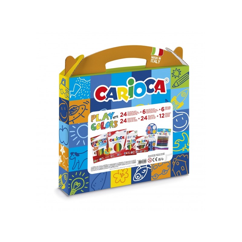 Carioca Play + Colors Pack Mallette en plastique - 18 crayons de couleur - 12 aquarelles - 6 marqueurs Jumbo Maxi Tip - 4